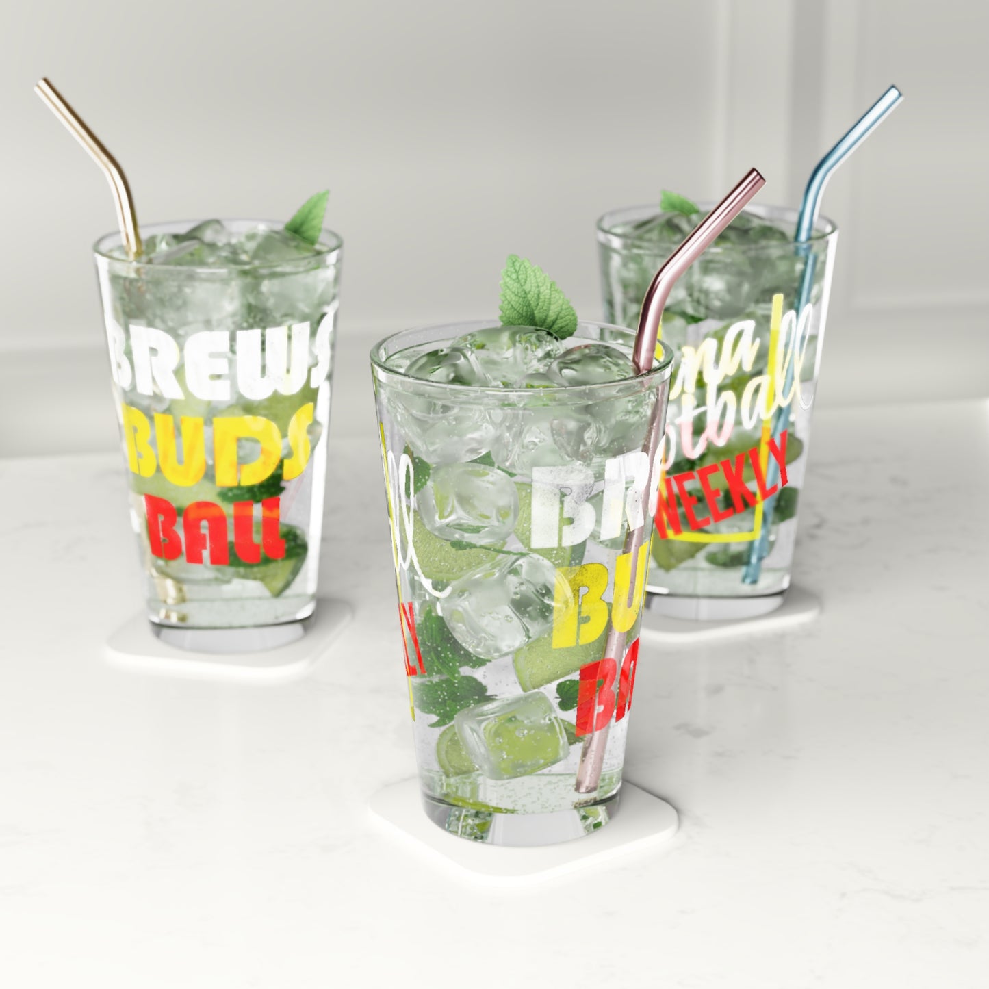 Brews Buds Ball Pint Glass – Colorful Arena Football Weekly Typography Beer Pint Glass, 16oz