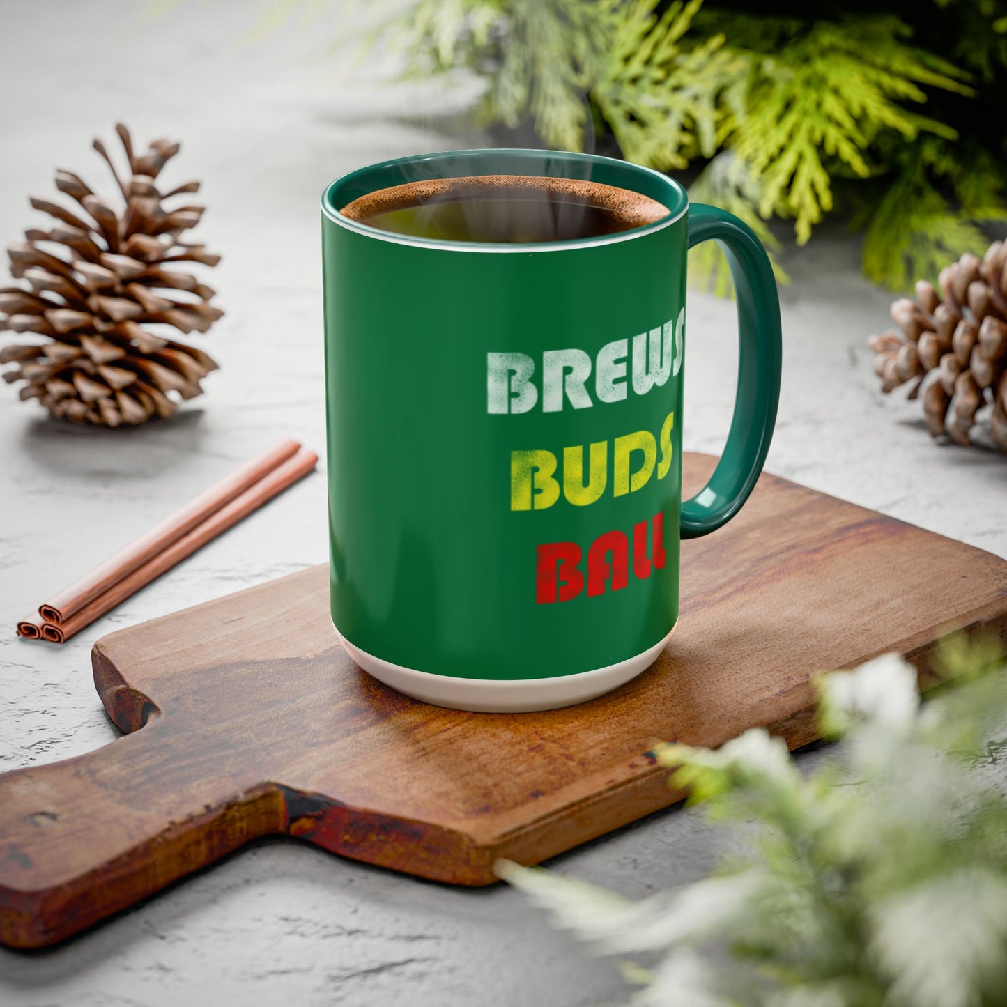Brews Buds Ball Coffee Mug — Green 11oz & 15oz Colorful Ceramic